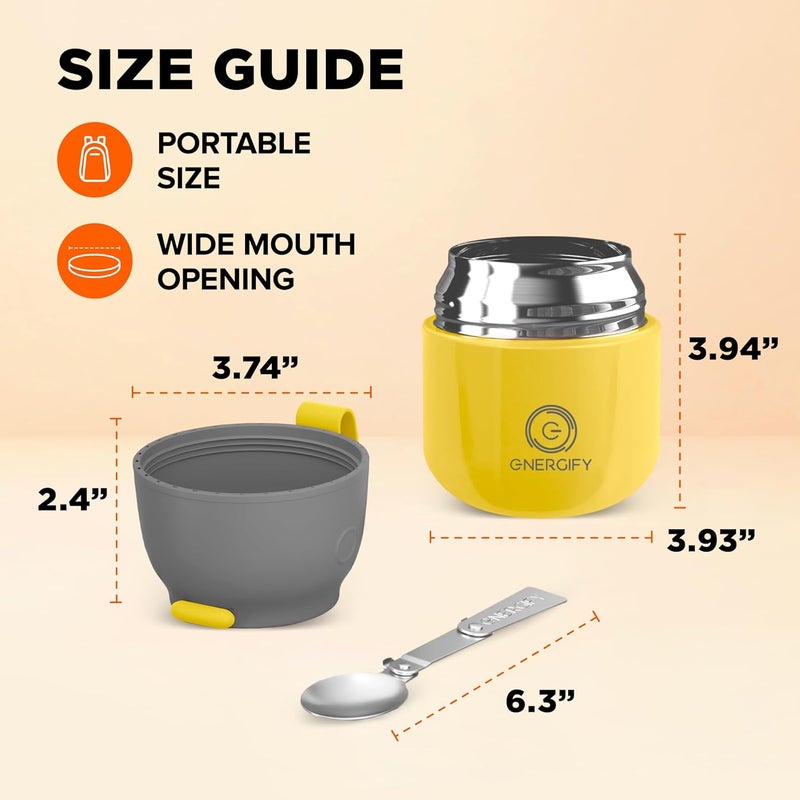 ENERGIFY Vacuum Insulated Food Jar. Large 12oz Bowl incl. Folding Spoon, Cup. Wide Mouth Keep Hot & Cold Drinks Soup Lunch Container for Adults. BPA-Free Stainless Steel, Leak Proof Yellow - Image 4